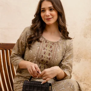 Beige Printed Embroidered Cotton Straight Kurta.